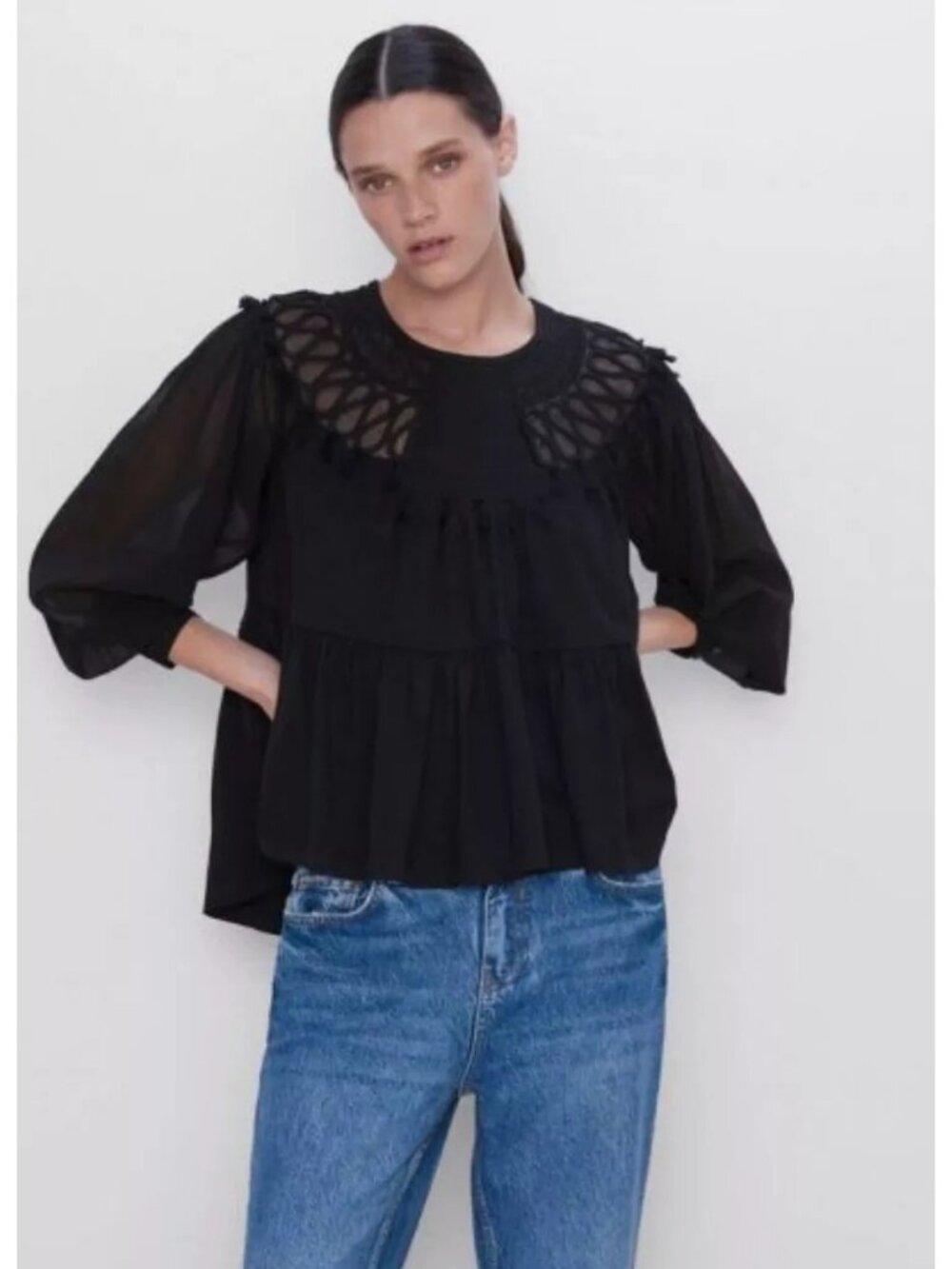 Zara Swing Blouse Small Sheer Tassel Trim Puff Sleeve Top Elegant Dark Feminine